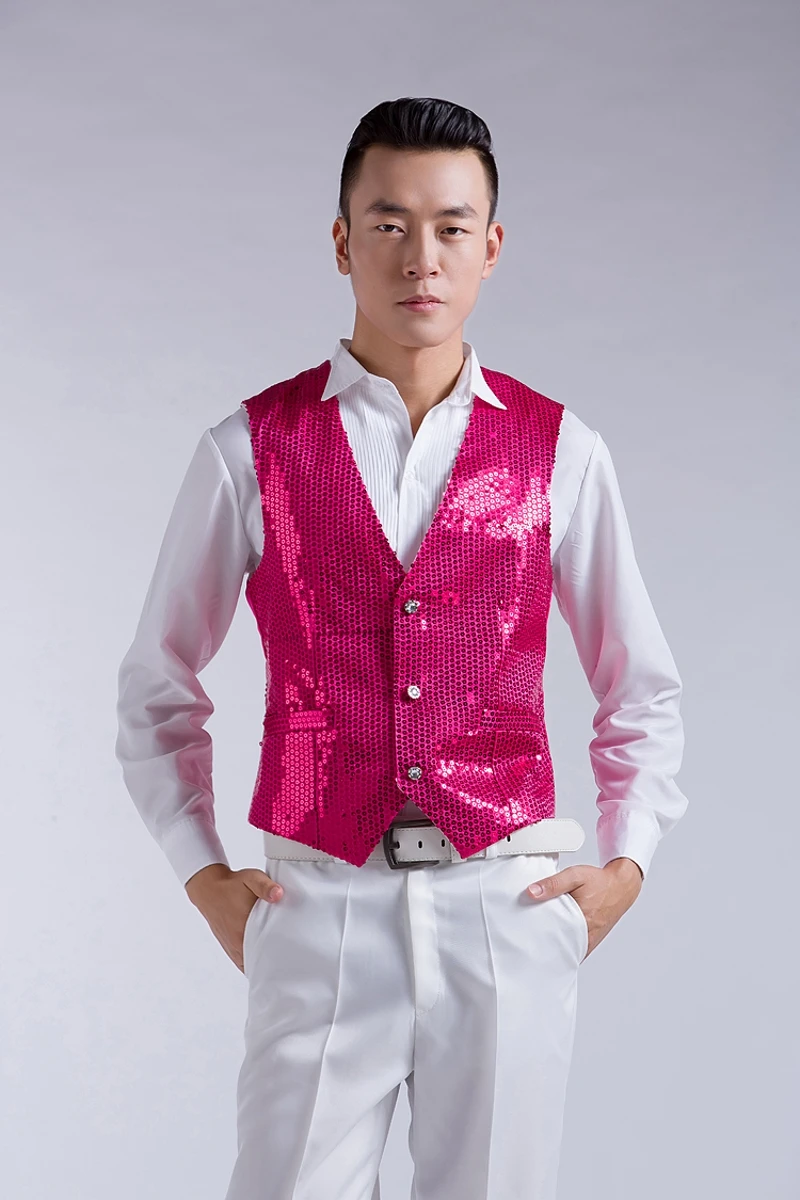 

Chorus singing and dancing men show shiny piece of ma3 jia3 mei red blue black white and yellow gold and silver powder vest vest