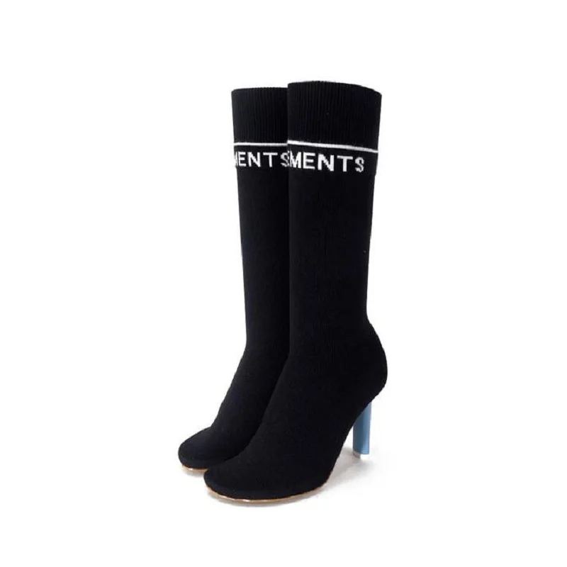 

New 2016 Runway style women boots sexy slim knitting elastic lighter high heels boots Vintage autumn winter Mid-calf boots shoes