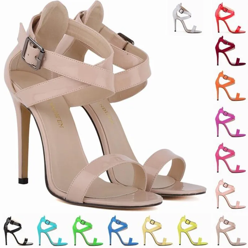 

zapatos mujer 2023 women sandals PU Buckle Strap 11CM Thin Heels Round Toe Cross strap Candy color Party OL Office Woman shoes
