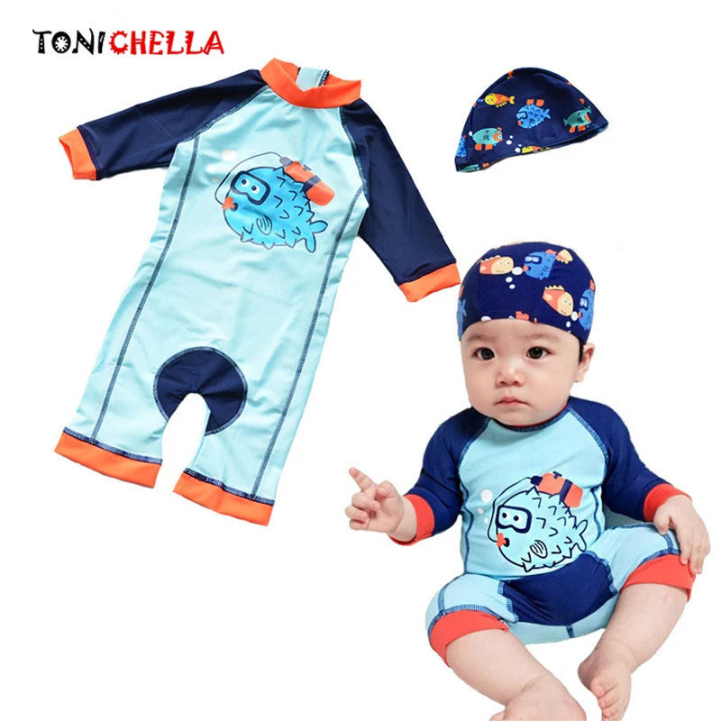 Baby Swimwear Long Sleeve Cute Cartoon Blue Fish Swimsuit Toddler Kids