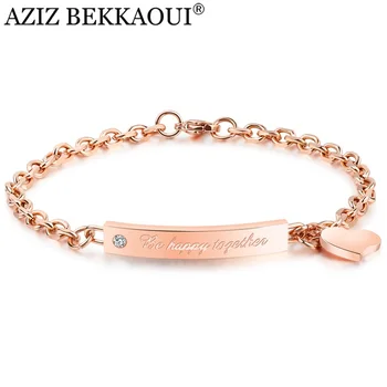 

AZIZ BEKKAOUI Diy Heart Pendant Bracelet Rose Gold Be Happy Together Bracelets For Women Engrave Name Jewerly Prevent Allergy