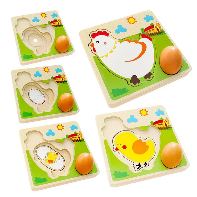 

4 Layers Wooden Puzzle Toys for Children Cute Animal 3D Puzzle Board Colorful Kids Learning Toy Hen Growing Process Lay Eggs