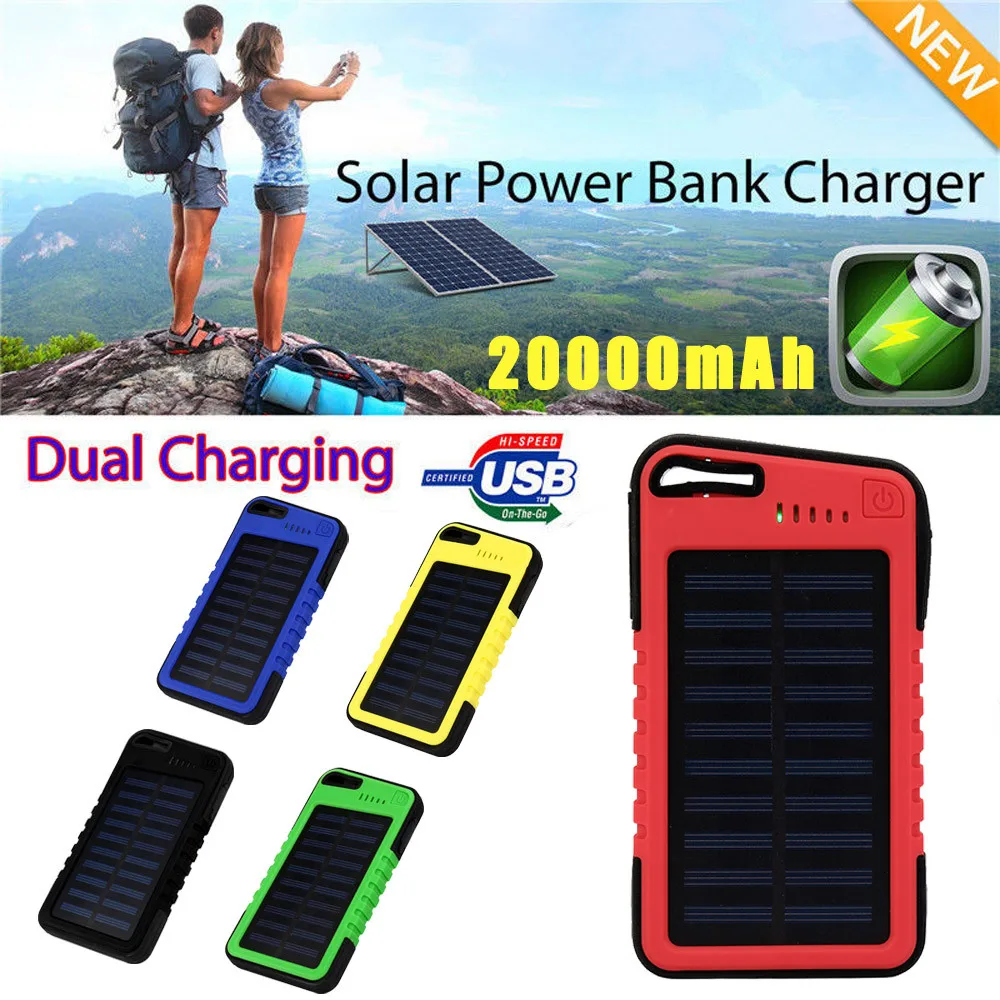 New 20000 mah Dual USB Waterproof Solar Power Bank Battery