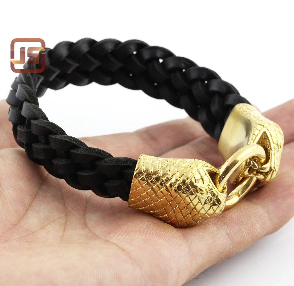 Men Vintage Jewelry Black Leather Rope Bracelet Stainless Steel Bangle