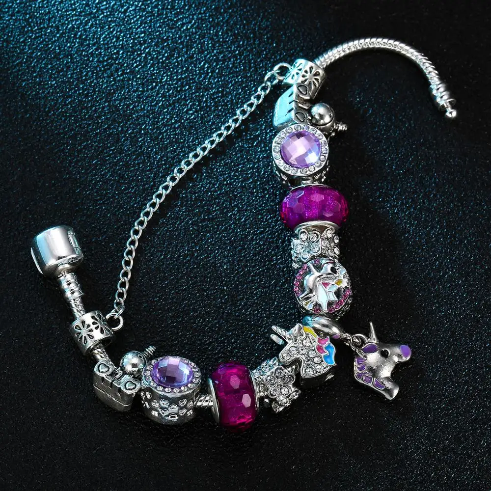 Модный серебряный браслет в виде единорога и браслет с подвеской в виде единорога Pa браслеты для женщин и детей ювелирные изделия