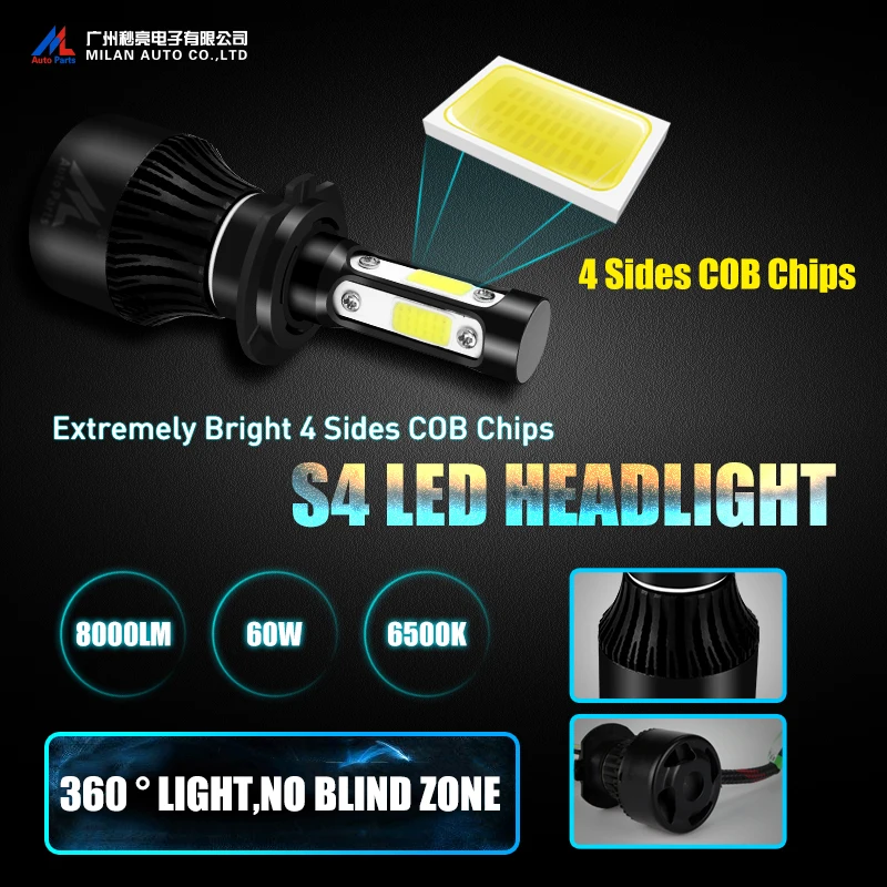 Xenplus COB 4 сбоку световой H4 H7 H11 9005 9006 9007 головной светильник накаливания 60 Вт 8000LM 12В