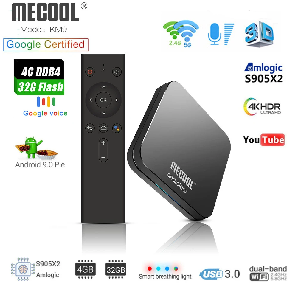 MECOOL KM9 A tv Android 9,0 Smart tv BOX Amlogic S905X2 Четырехъядерный 4G DDR4 32G EMMC rom телеприставка 4K 3D H.265 Wifi медиаплеер