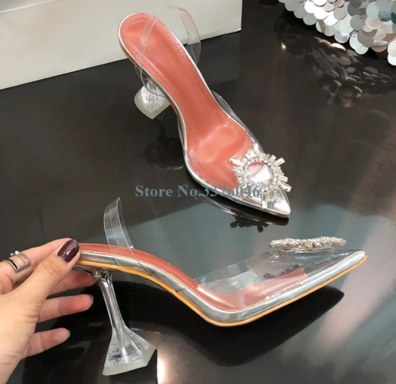 

Pointed Toe Transparent PVC Crystal Thin High Heel Sandals Rhinestone Torus Decorate Summer Shoes Elegant Fashion Party Shoes