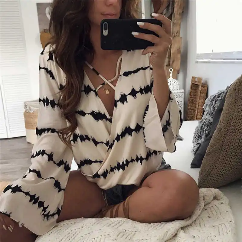 

Fashion Women Ladies Chiffon Stripe Bandage V-Neck Tees Tops Long Sleeve Shirts Loose Blouses Tops Summer Blouse Female Blusa