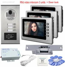 7″ Color Video Door Phone Intercom Door Rfid Camera For 3 Apartment Family Door Video Call With Electric Strike Lock System Unit
