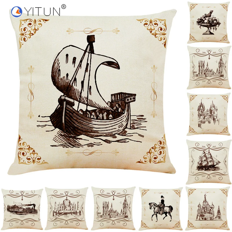 

YITUN Cushion Covers 45*45 Pencil Painting Scenic Throw Pillow Cover Woven Plain Square Cushion Case Decor Home Sofa Bed Car