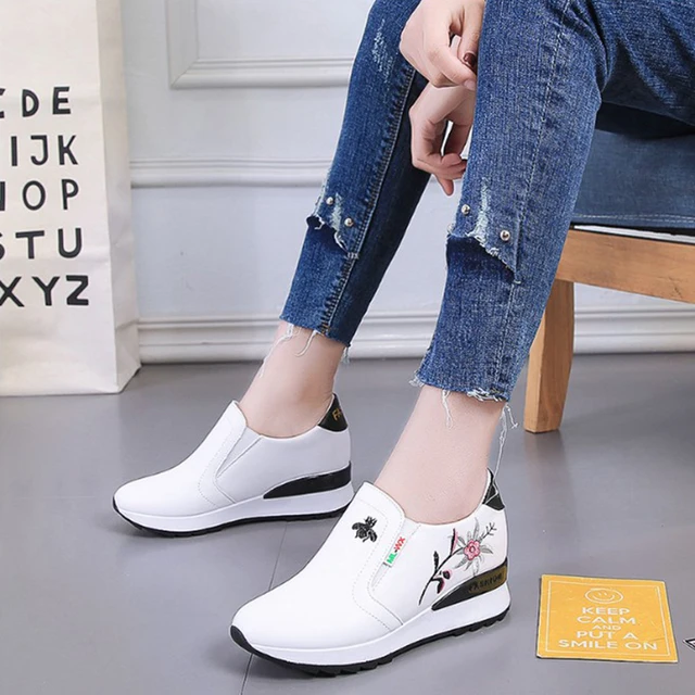 Platform Sneakers Sepatu Putih Kasual Slip Pada Sepatu Wanita Pu Busa Bunga Musim Semi Musim Panas Wedge Sneakers Tinggi Peningkatan Btf1016 Perempuan Sepatu Vulkanisir Aliexpress