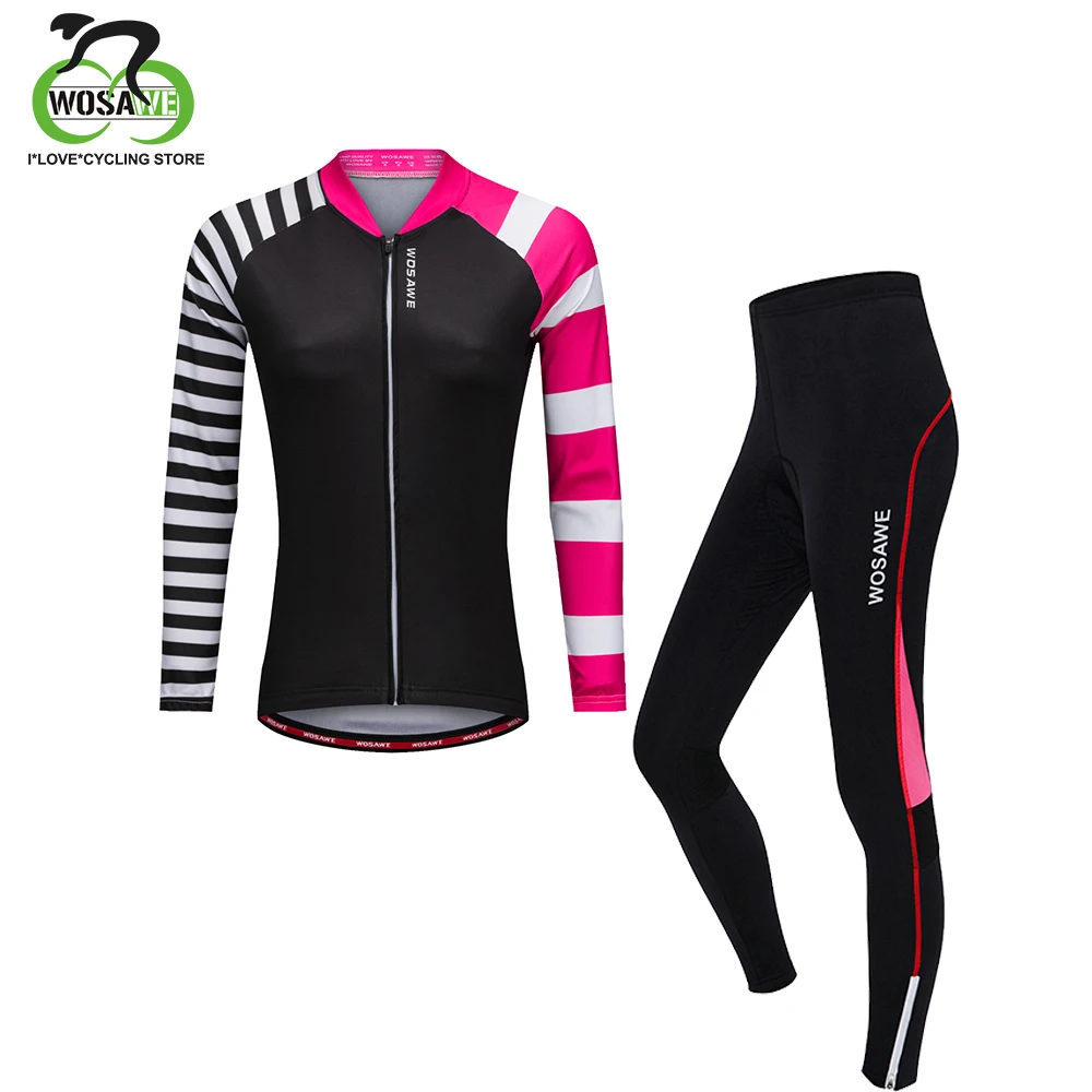 Beste WOSAWE stijlvolle wielertrui Set vrouwen 2018 Lente lange mouw Fiets Kleding 3D Ademende Gel Pad fiets kleding