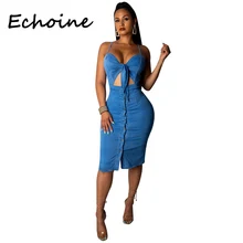 Echoine Cowboy Dress Cut Out Spaghetti Straps Front Tie Backless Pale Blue Color Jeans Bodycon Dress Summer Dress 2019 cut out tie front abstract print blouse