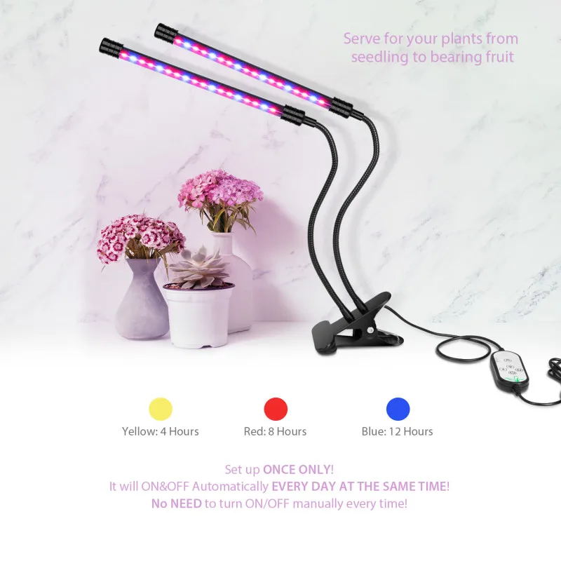 

CHENGYILT LED Grow Light Double Head Clip Timing Switch Plant Fill Light Waterproof Plant Growth Lamp