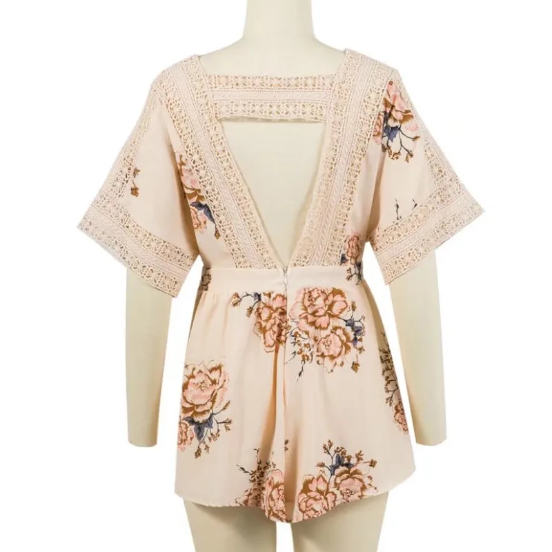 yinlinhe Short Sleeve Floral Summer Playsuit Blue Lace Hollow Out Backless Jumpsuit Women V neck Beach Boho Elegant Rompers 12