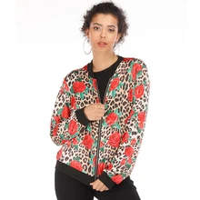 New Leopard Rose Print Short Jacket Woman Plus Size Spring Summer Zipper Bomber Jacket O-Neck Long Sleeve Sexy Slim Jacket