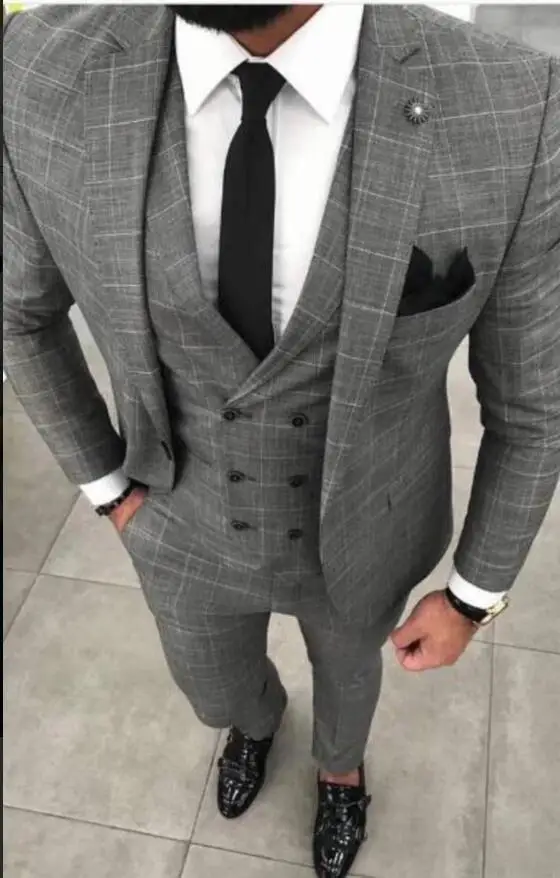 

Made Suits Gray Plaid 3 Set Suit Men Slim Fit Business Formal Suits for Wedding Brand Tailor Made Suits (Blazer+Vest+Pants)