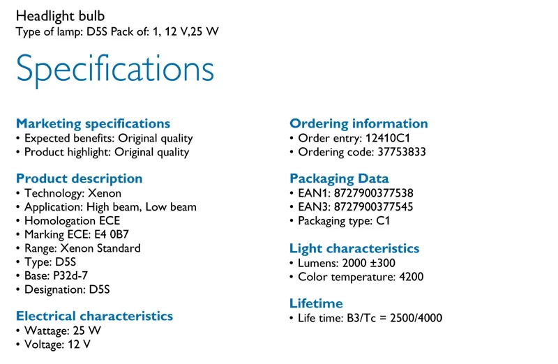 Philips D5S 12410 25W Xenon HID Стандартный головной светильник 4200K яркий белый светильник, авто Оригинальная лампа ECE, 1 шт