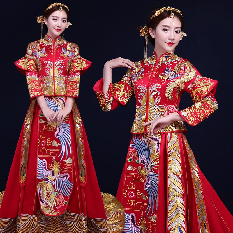 

Sumptuous chinese style wedding dress Red phoenix Retro bride Toast wedding Festive dress formal cheongsam vintage long-sleeve