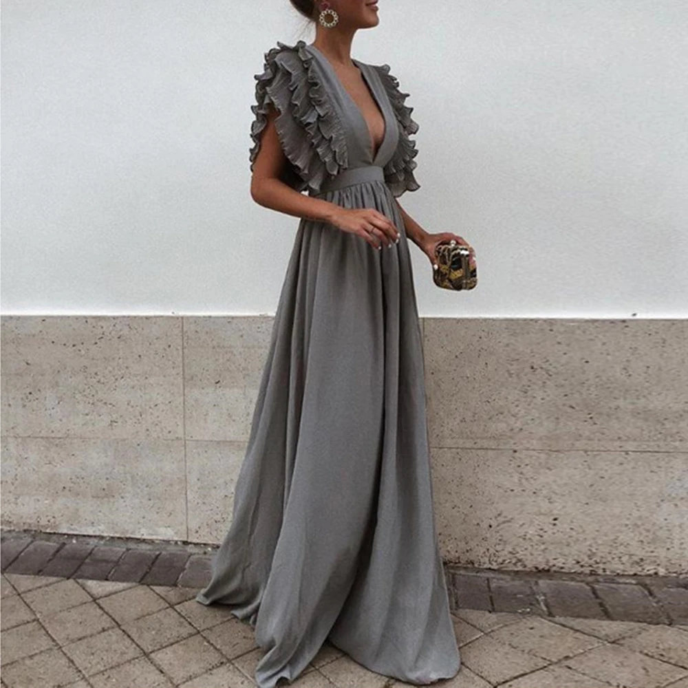 

2018 New Fashion Women Dress Sexy Gray V Neck Backless Flying Short Sleeves Maxi Dress Summer Solid Beach Party Long Dress