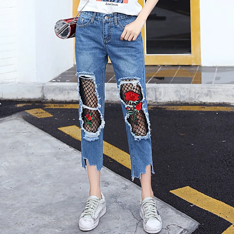 Moda Spliced Maglia Nera A Rete Patchwork Rosa Ricamo Jeans Strappati Donne  Denim Caviglia Lunghezza Pantaloni Freddi Pantaloni Epoca|vintage trousers| jeans woman denimripped jeans women - AliExpress