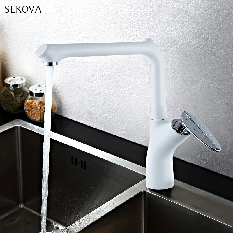 White Paint & Chrome Brass Kitchen Faucet Mixer Dual Sink Rotation