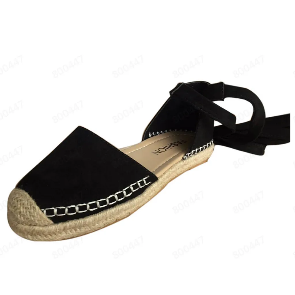 MUQGEW/женские босоножки; женская обувь из флока; Летние эспадрильи на плоской подошве со шнуровкой; праздничные сандалии на массивном каблуке; женская обувь на плоской подошве; обувь с ремешком - Цвет: Черный