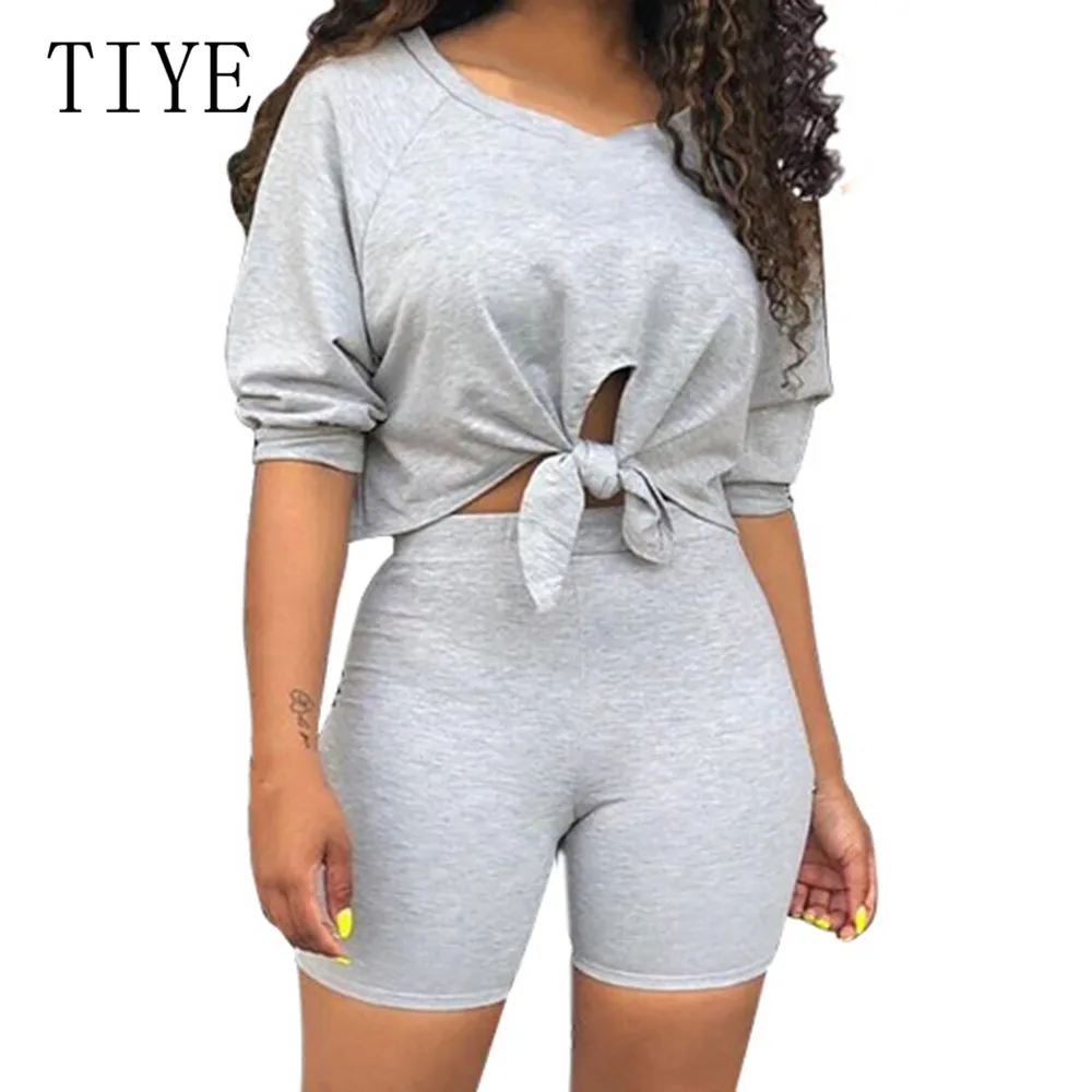 TIYE Two Pieces Sets Off Shoulder Short Sleeve Crop Top and Slim Pants Summer Hollow Out Casual Go Out Playsuits Plus Size XXL - Цвет: Серый