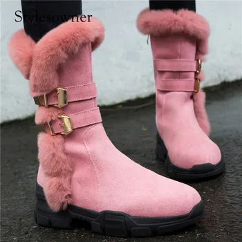 

Stylesowner 2018 Winter Black and Pink Woman Mid-boots Thick Heels with Real Fur Hand-made Cow Suede Warm Female Snow Boots