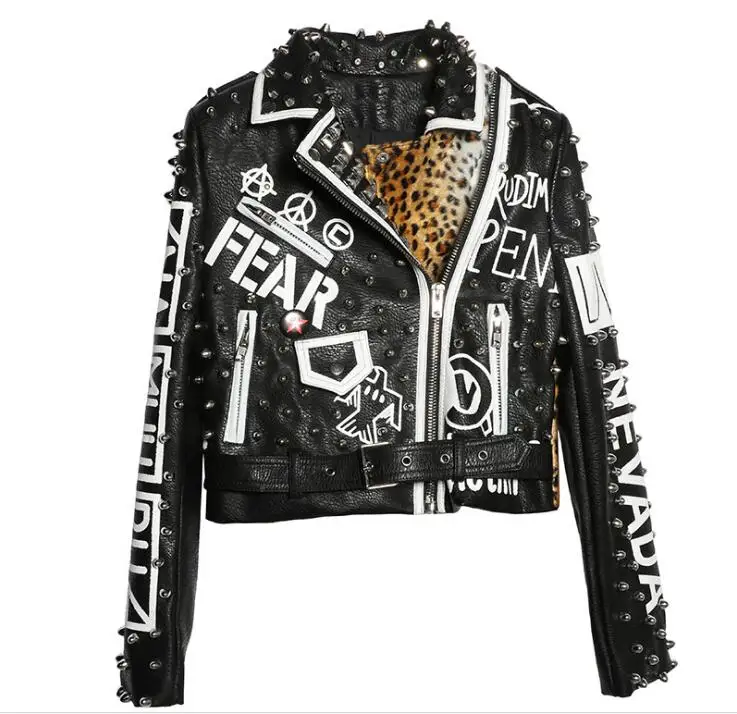 Partie Rue Veste 2018 Leopard Longues Nouvelles À Moto En Manches Rock Perles Cuir Lettre Manteau Noir Rivet Punk Impression Femmes qT0tx0I