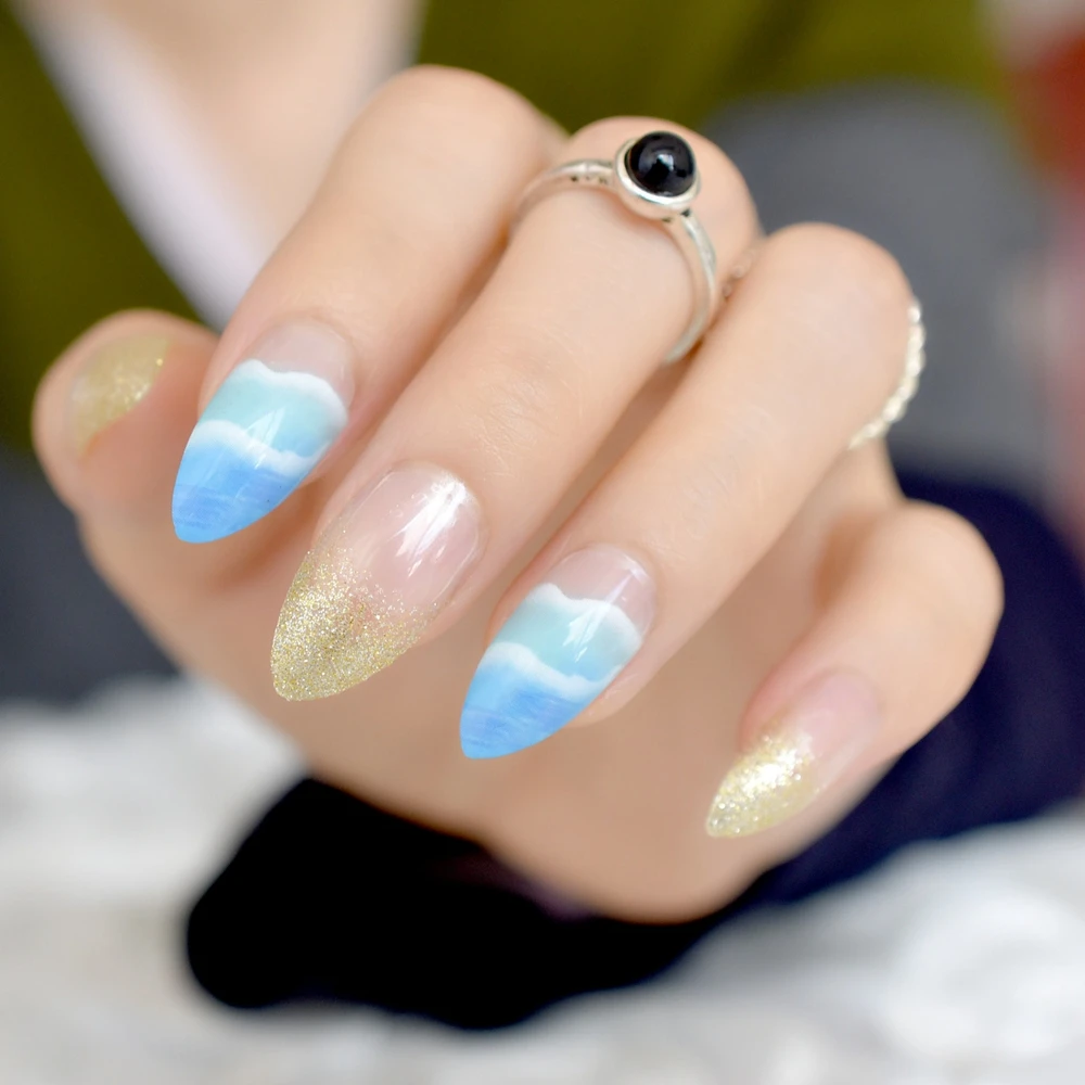 Прозрачные французские накладные ногти-стилеты накладные ногти голубое небо белое облако узор блестящий золотой блеск Предварительно Дизайн ногтей типсы для невесты Вечерние - Цвет: Z853