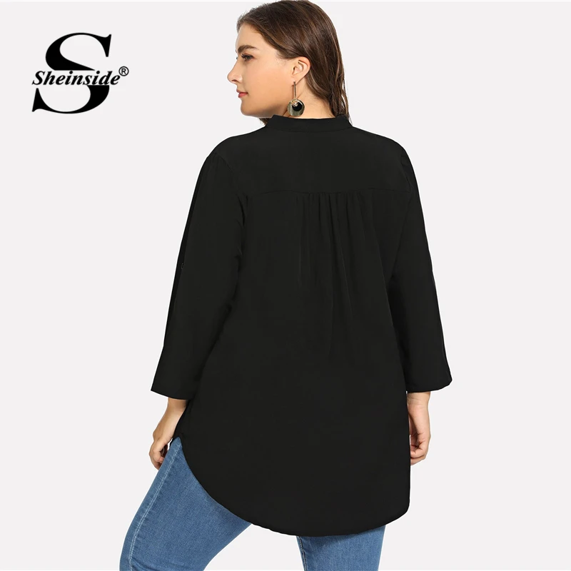 Sheinside زائد حجم 4 اللون V الرقبة نشمر الأكمام أعلى غير المتكافئة طويل بلوزة شيفون النساء قمصان 2019 إمرأة قمم و البلوزات Sheinside زائد حجم 4 اللون V الرقبة نشمر الأكمام أعلى غير المتكافئة طويل بلوزة شيفون النساء قمصان 2019 إمرأة قمم و البلوزات