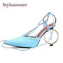Stylesowner Потрясающие женские Denim конопли острый носок босоножки ботильоны с перекрестной шнуровкой металлический круг странный каблук обуви партия Красота Sapato