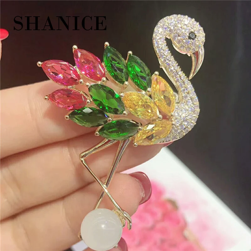 

SHANICE Colorful Micro Pave CZ Dancing Red Flamingo Brooches Pear Shaped Clear CZ Deco Flamingo Pins Broaches Bird Jewelry