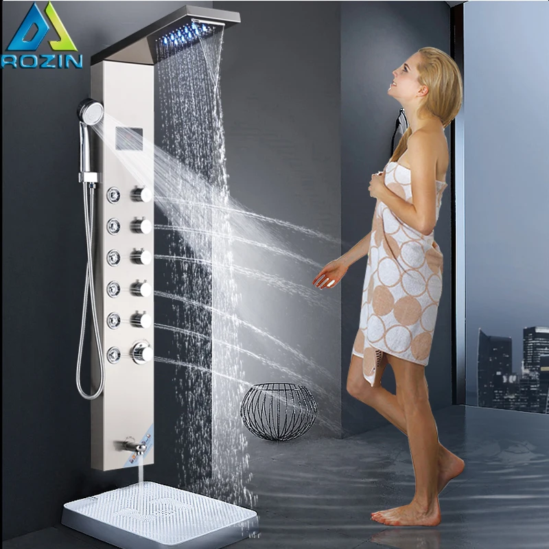 

Brushed Nickel LED Shower panel Column Waterfall Rain Shower Faucet System Digital Temperature Screen Swivel Spout Shower Kit
