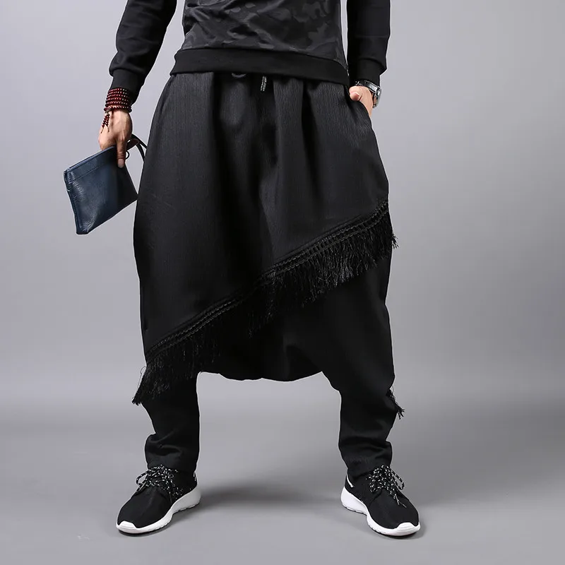 Плюс размер M-2XL осень зима мужские хип-хоп шаровары японский стиль черный юбка с бахромой-брюки крутые мужские свободные повседневные брюки