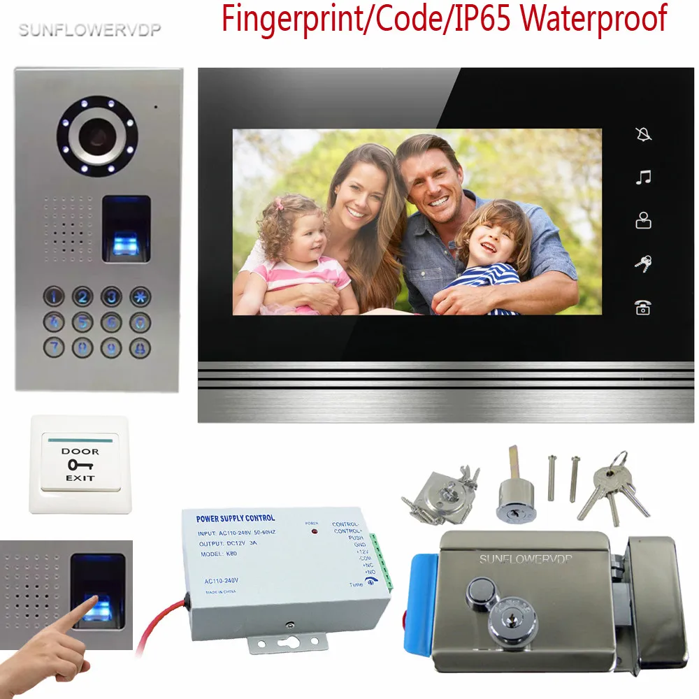 

New Fingerprint Key Intercom Video Doorphone Kit With Touch Buttons Color 7" Metal Lcd Home Intercom IP65 Waterproof + Door Lock