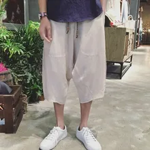 Брендовые повседневные штаны-шаровары длиной до колен, мужские брюки для фитнеса, свободные брюки, мужские китайские традиционные льняные брюки Харадзюку