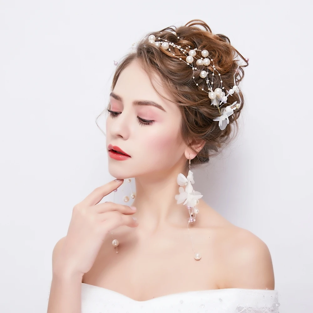

New Handmade Headband Fashion Korean Style Headpiece Simulated Pearl Hair Jewelry Wedding Bride Headwear with Drop Earrings Gift