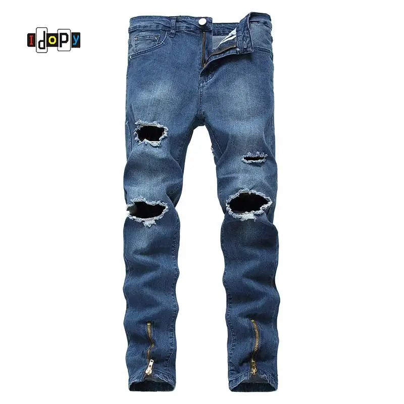 Мужская мода стрейч Рваные джинсы отверстие Привет-улица прямой крой Джинсовые штаны с нижней молнии отверстия Джинсовые Брюки Для мужчин