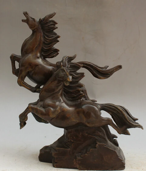 

JP S0522 11" Old Chinese Bronze run success Zodiac Year 2 bronco Horse Statue sculpture B0403