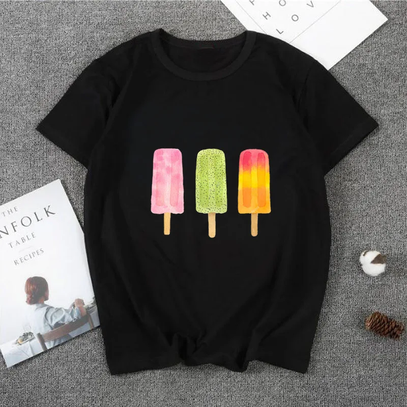 ZSIIBO/забавная футболка для мальчиков и девочек в стиле Харадзюку с принтом мороженого, Хлопковая женская футболка с круглым вырезом и короткими рукавами