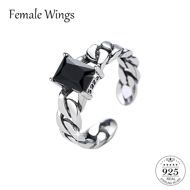 

FEMALE WINGS 925 Sterling Silver Black Blue Gemstone Adjustable Rings For Women Fine Jewelry Crystal Open Ring Ringen FR023