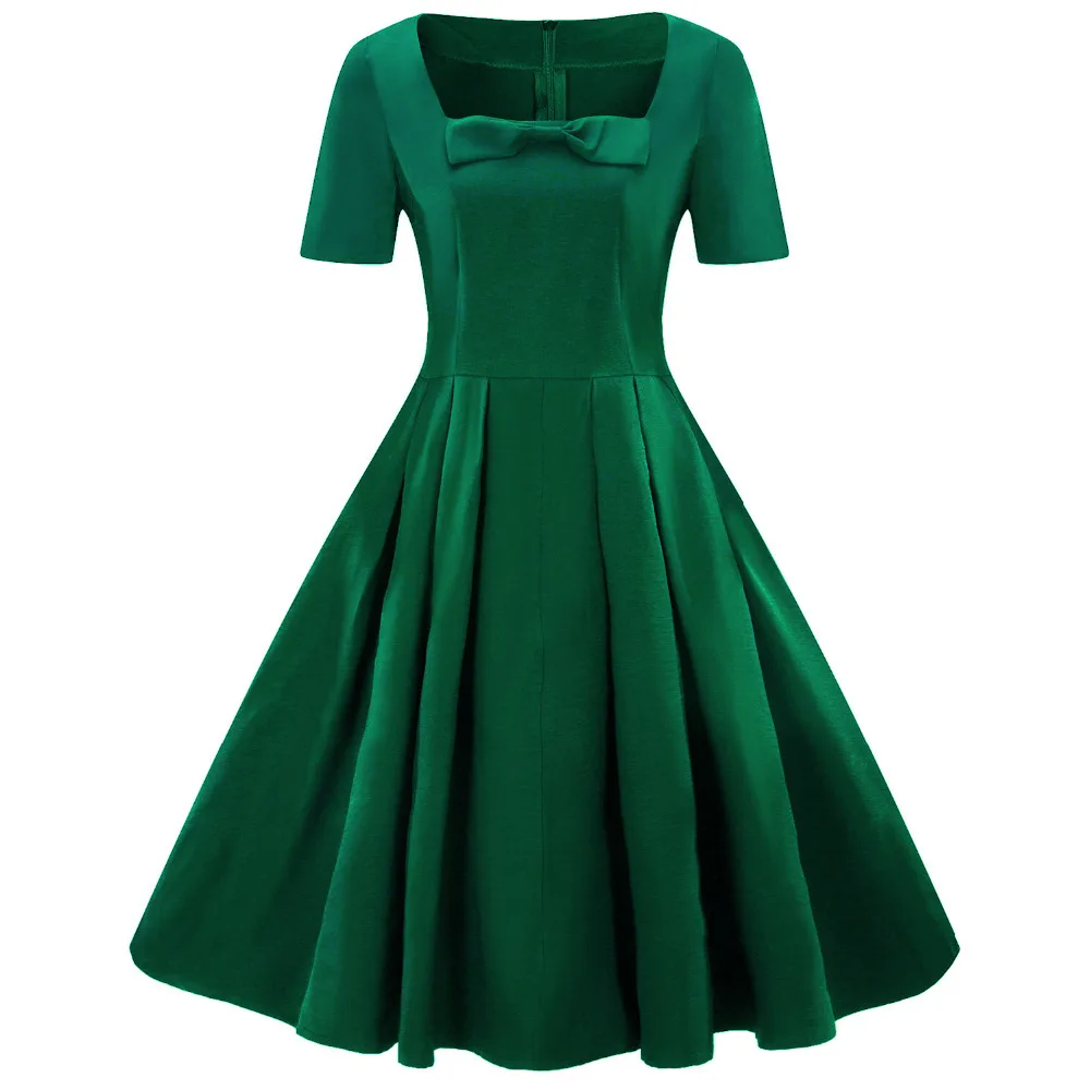 Синее зеленое винтажное Свободное платье с коротким рукавом, рождественские Женские обтягивающие вечерние платья для офиса, осенние платья в стиле рокабилли 50s 1950s 60s