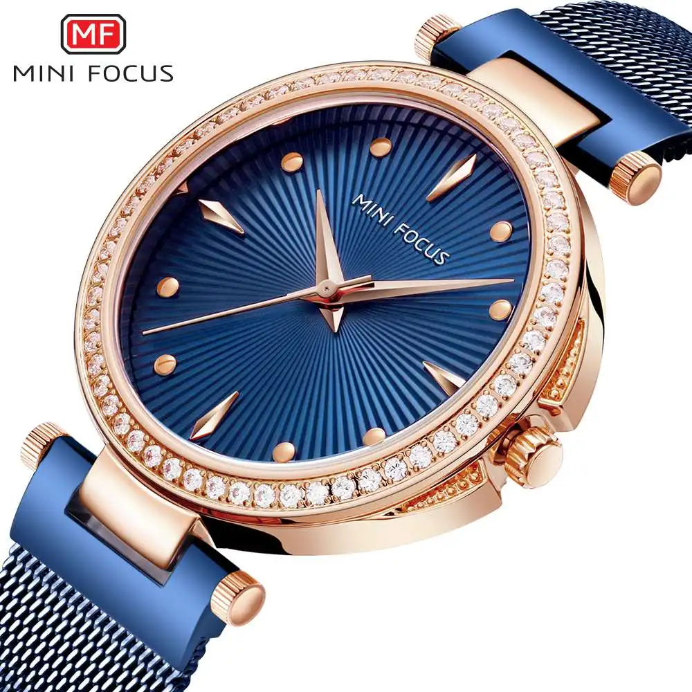 

MINIFOCUS 2019 New Ladies Fashion Blue Rose Gold Watch Women Stainless Steel Quartz Wrist Watch Luxury Rhinestone Women Watches