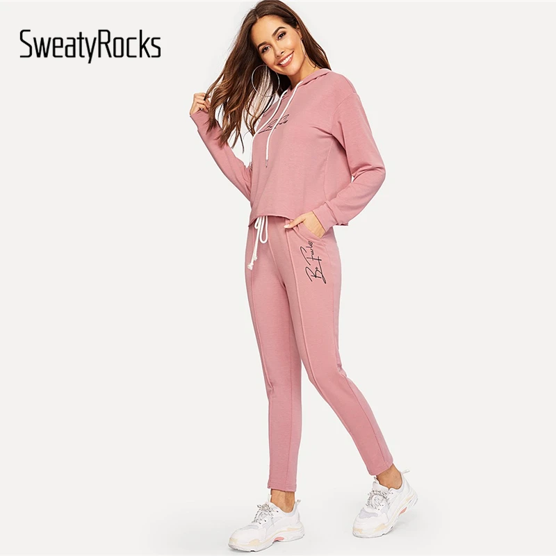 SweatyRocks Pink Letter Print Drawstring Hoodie and Pants
