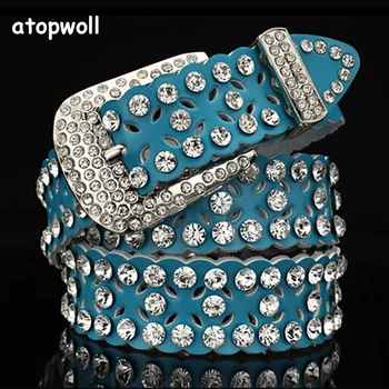 

Rhinestone Cowskin Genuine leather belts for women jeans Luxury woman belt High quality Pin buckle waist strap for female dress