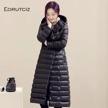 EORUTCIZ зима размера плюс 3XL длинный пуховик женский с капюшоном ультра светильник куртка Тонкий Винтаж Черный Осень повседневное пальто LM368