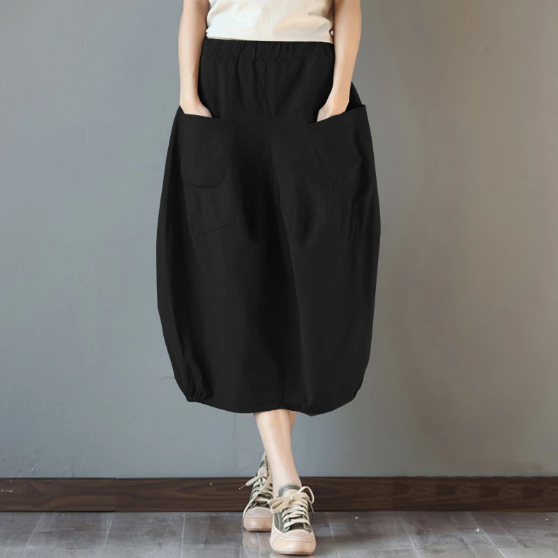 Летние женские юбки ZANZEA с высокой эластичной талией из хлопка и льна, повседневные свободные юбки миди с карманами, мешковатые вечерние юбки Jupe Faldas - Цвет: Черный